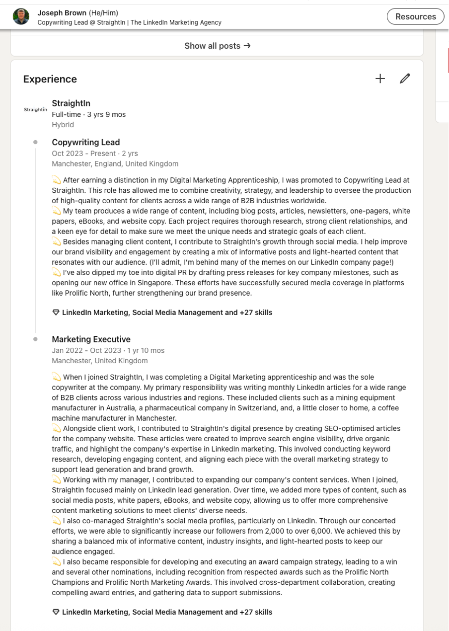 Joseph Brown LinkedIn Profile Experience