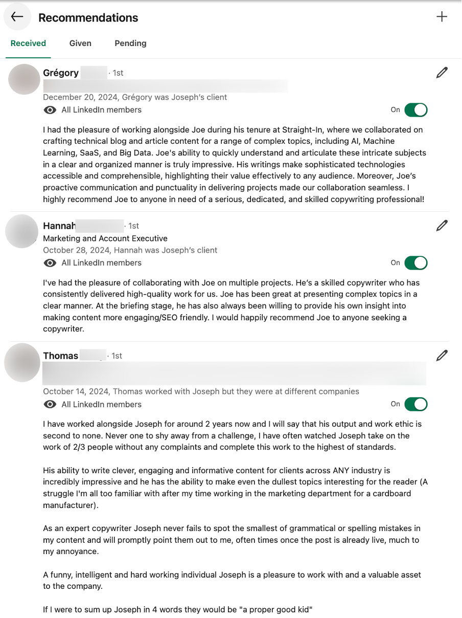 Joseph Brown LinkedIn Profile Recommendations