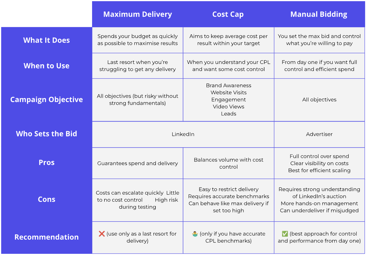StraightIn LinkedIn Advertising Agency LinkedIn Ads Bidding Strategy Comparison Table Recommendations